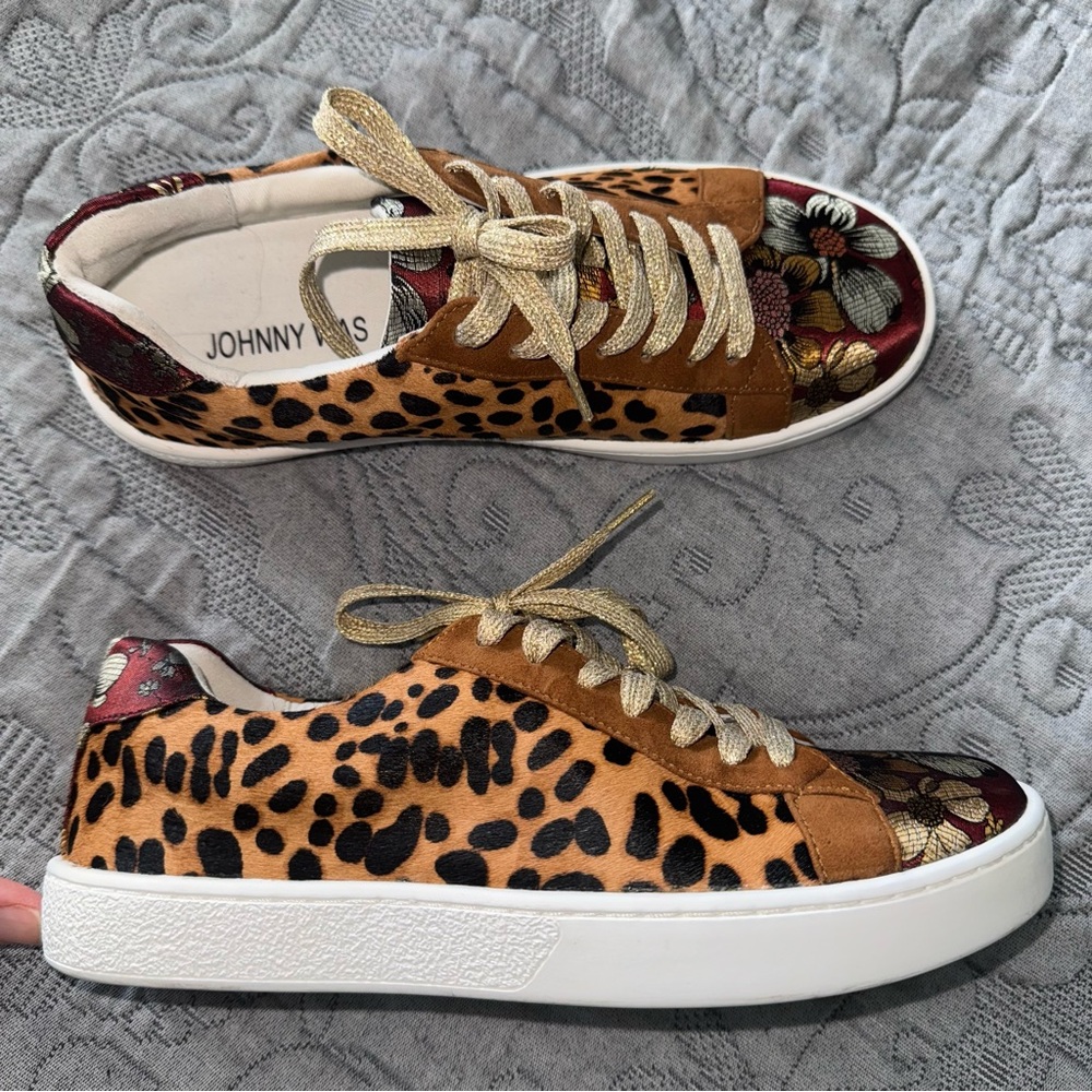 Johnny Was Leopard Embroidered Print Floral Sneakers Leather 6 Spring Summer